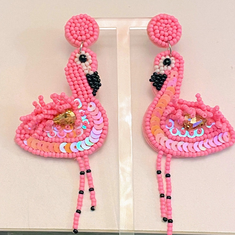 New Pink‎ Beaded Flamingo Dangle Earrings Drop Handmade Iridescent Sequin Beach